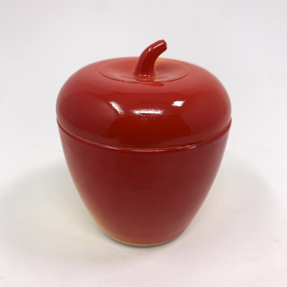 Vintage Hazel Atlas 4" Apple Milk Glass Jam Jar With Lid - Red and Yellow - Picture 2 of 12